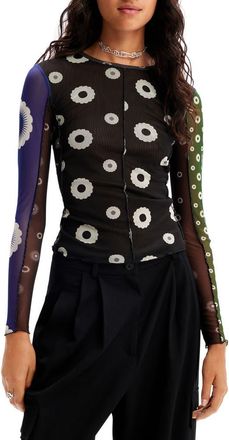 Desigual Mixed Print Colorblock Mesh Top in Black at Nordstrom, Size X-Small