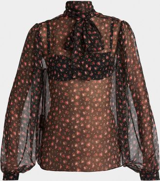 Dolce & Gabbana Rose-Print Chiffon Bow-Neck Blouse