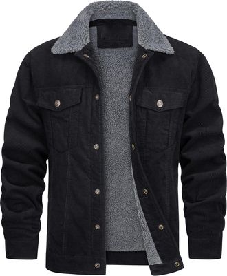 Generic Mens Corduroy Sherpa Jacket Cotton Cargo Fleece Work Button Coats Faux Fur Collar Lapel Thickened Trucker Coat, Black, Medium