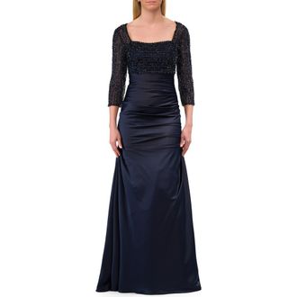 La Femme Beaded Bodice Satin Gown with Three-Quarter Sleeves in Navy at Nordstrom, Size 14
