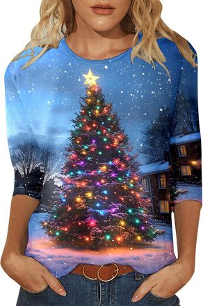 Generic Christmas Jumpers for Women Christmas Tops 3/4 Sleeve Round Neck Elegant Xmas Sweatshirt Tree Print Graphics Xmas Shirt Holiday Long Sleeve Tops (016-