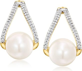 Ross-Simons 8-8.5mm Cultured Pearl and. Diamond Drop Earrings in 18kt Gold Over Sterling