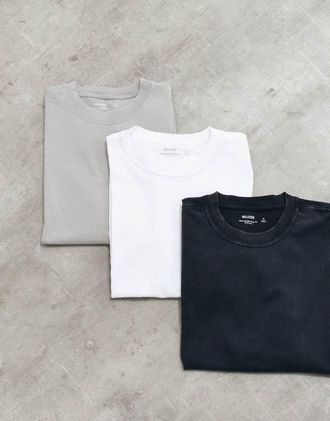 Hollister confezione da 3 T-shirt squadrate pesanti in bianco, grigio e nero-Multicolore
