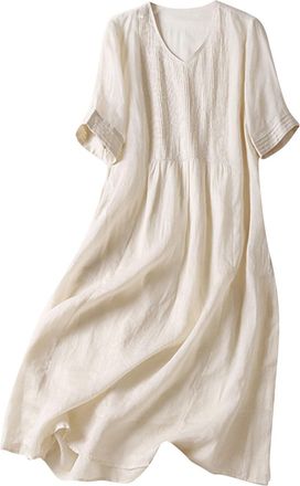 Generic midi Dresses for Women Womens Summer Dress Retro Round Neck Embroidered Ethnic Elegant Gathered Layered Dress Ladies Summer Dresses (A, XXL)