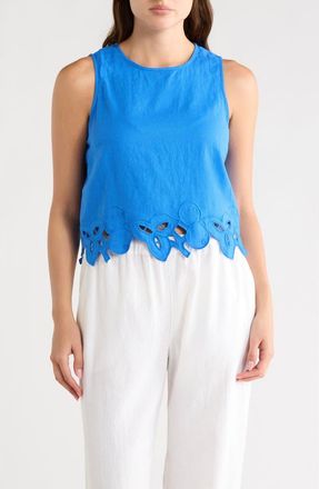T Tahari Embroidered Hem Crop Linen Blend Tank in Blue Bliss at Nordstrom Rack, Size X-Large