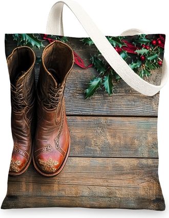 Generic Christmas Western Boots Canvas Tote Bag for Shopping 13x15, Farmhouse Rustic Xmas Cowboy Reusable Grocery Print Bag for Women Men, Holiday New Year Ae