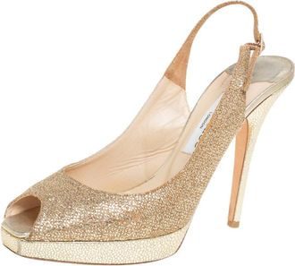Jimmy Choo London Gold Glitter Fabric Nova Peep Toe Platform Slingback Sandals