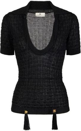 Elisabetta Franchi Truien & Vesten, Dames, Zwart, M, Linnen, Gebreide Top met Kwastjes