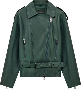 Emporio Armani Leren bikerjack met riem - Dames - Jassen - Groen - Maat: M Leer