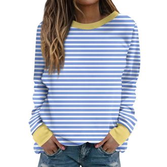 Generic Prime Deals of The Day Black of Friday Womens Oversized Striped Sweatshirt Crew Neck Long Sleeve Pullover Tops Lightweight Stretchy Bottom Sweatshirt 