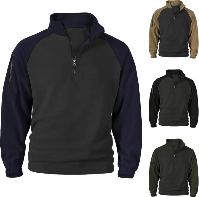 Mens Jumper 1/4 Zip Hoodless Long Sleeve Sweatshirt Stand Collar Plus Size Pullover Fleece Autumn Winter Warm Outdoor Jacket Casual Patchwork Sweat To