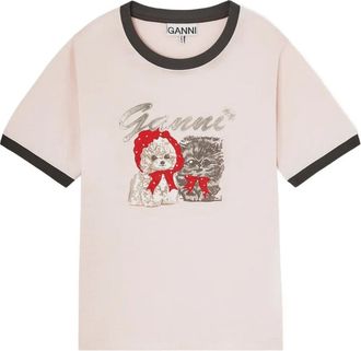 Ganni dog-print ringer t-shirt - Neutrals