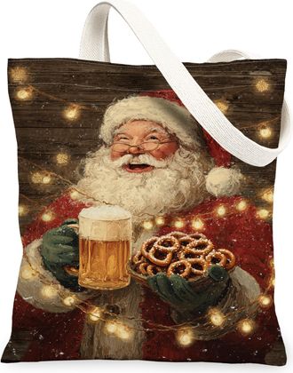 Generic Christmas Santa Canvas Tote Bags, Holiday Vintage Illustration Reusable Grocery Bags, Lightweight Washable Shoulder Strap Canvas for Gifts Shopping Pa