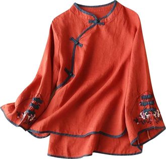 Generic Orange Womens Tops Long Sleeve Embroidery Floral V Neck T Shirts Chinese Ethnic Style Retro Vintage Dressy Blouses Summer Lightweight Linen Tops Bohem