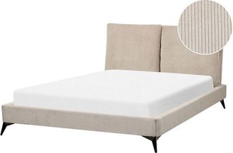 Beliani Modern Corduroy Upholstery eu Double Size Bed Frame 4ft6 Taupe Cushioned Headboard Slatted Base Melle