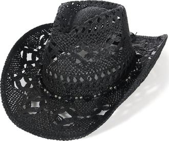 Eozy Men & Womens Summer Cowboy Cowgirl Straw Hat Hollow Out Style Roll Up Brim Beach Sun Hat for Ladies