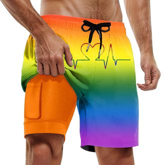 Generic Mens Shorts Mens Swim Trunks with Compression Liner, 2 in 1 Quick-Dry Swimming Shorts, Mens Summer Beach Surf Swimwear (Orange, L)