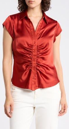 Daniel Rainn Ruched Satin Button-Front Cap Sleeve Blouse in Ketchup at Nordstrom Rack, Size X-Large