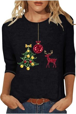 Generic Christmas Tops Ladies - Women Christmas Tree Print Xmas T-Shirts Plus Size Novelty Funny 3/4 Sleeve Elf Santa Print Reindeer Graphic Blouse Ugly Tee S
