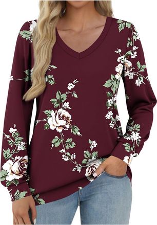 Generic Women Long Sleeve Jumpers V Neck Cotton Casual Floral Print Cuff Sleeve Base Layered Pull On Tunics Longline Tee Shirts Tops for Spring Summer Autumn 