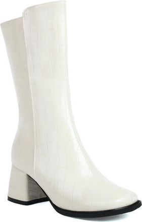 Generic Womens Fashion Plaid Pattern Short Booties Round Toe Block Heels Casual Party Winter Dress Shoes with Zipper (7.5,White)