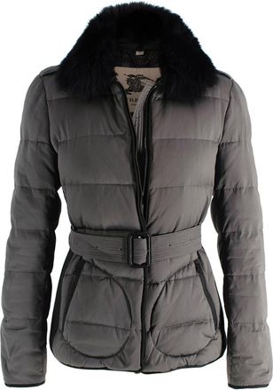 Burberry Grey Belted Puffer Coat with Faux Fur Trim Size S