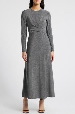 Halogen Draped Metallic Long Sleeve Maxi Dress in Silver at Nordstrom Rack, Size X-Small