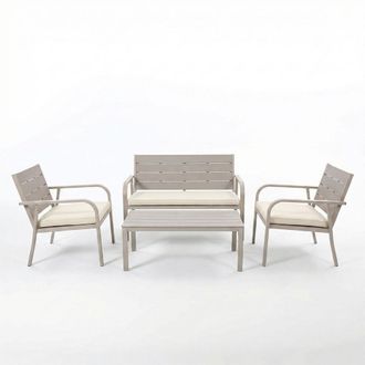 Siediti Fuori e Dentro Set de exterior 4 plazas en metal efecto madera con cojines champ&aacute;n