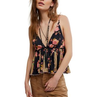 Free People Tillie Floral Plunge Neck Babydoll Top in Black Combo at Nordstrom, Size X-Large