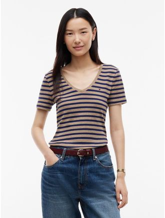 Tommy Hilfiger Womens V-Neck Striped Favorite T-Shirt - Dark Beige - XXL
