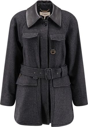 Chlo&eacute; Jachtjas in Pied-de-poule Wol - Dames - Jas met riem - Zwart - XL - Wol - Jassen