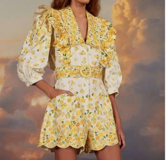 Farm Rio Azaleia Short Romper In Ivory/yellow
