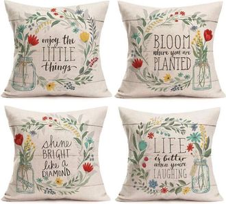 OEM Juego De Fundas De Almohada Con Estampado De Corona Floral (4 Piezas), Estampado Floral R&uacute;stico, Estampado Con Frases Inspiradoras, Hecho De Algod&oacute;n Y