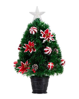 Nearly Natural 24in Pre-Lit Fiber Optic Artificial Christmas Tree With Ornaments, Poinsettia & Star Topper