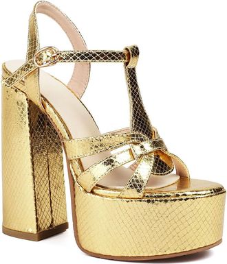 Generic Womens Open Toe Slingback Wedding Shoes for Bride Chunky High Heel Platform Pumps T-Strap Party Prom Sandals with Buckle,Gold,5.5 UK