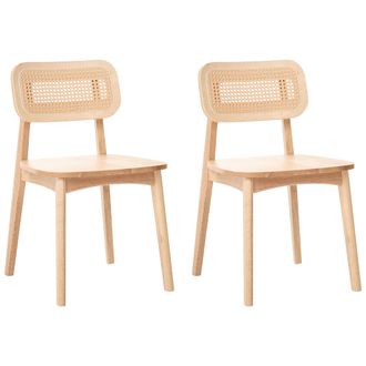 Beliani Conjunto De 2 Sillas De Comedor Sin Brazos Con Respaldo De Rat&aacute;n Trenzado Y Asiento De Madera De Caucho Marr&oacute;n Claro Keno