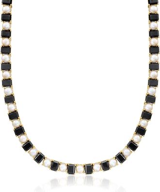 Ross-Simons Onyx and 6.5-7mm Cultured Pearl Necklace in 18kt Gold Over Sterling