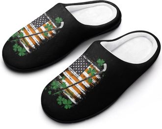 Generic St Day And Patricks U.S. Flag Hockey Cotton Slippers for Women Memory Foam Comfy House Shoes with Anti-Skid Rubber Sole