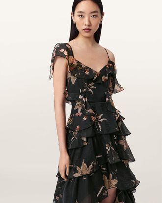 AllSaints Polyester Sienna Ruffle Maxi Dress, Size: UK 14/US 10