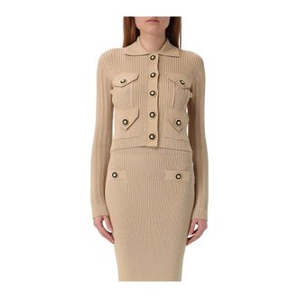 Balmain Cardigans, female, Beige, Size: M Ribbed Knit Cardigan and Skirt Set