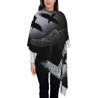 Generic Viking Norse Rune With Odin Crows Tassel Scarf Fashion Scarves With Tassel Soft Shawl Wrap With Tassel