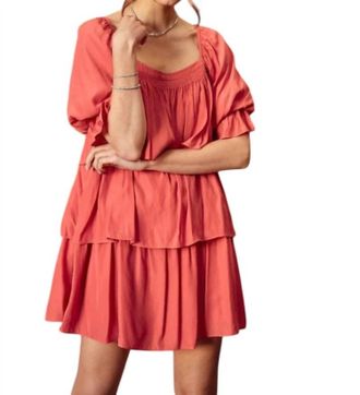 Mustard Seed Amy Puff Sleeves Tiered Mini Dress In Clay