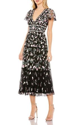 Mac Duggal Embroidered V Neck Cap Sleeve Midi Dress in Black Multi at Nordstrom, Size 14