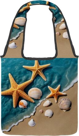 Generic Starfish Beach Shells Reversible Canvas Shoulder Tote - Double-Sided Print, 12oz Cotton, 27cm Drop, Fold-Flat Bag for Travel, Shopping, Street Outings