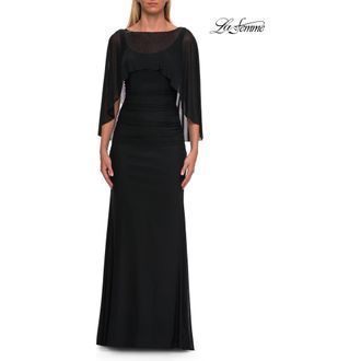 La Femme Jersey Gown with Sheer Beaded Cape Overlay in Black at Nordstrom, Size 12