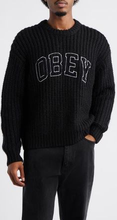 Obey Embroidered Collegiate Logo Ribbed Crewneck Sweater in Black Multi at Nordstrom, Size Xx-Large