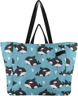 Generic Cute Whale Heart Blue print Reusable Canvas Tote Bag, Heavy Duty Grocery Shopping Bag with Hard Bottom Double Handles Large Capacity Work Groceries Tr