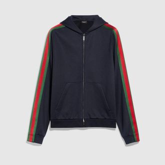 Gucci Silk Cotton Jersey Zip Jacket With Web, Size XXXL, Blue