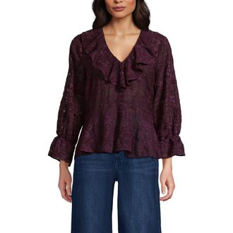 Lands End Feminine Ruffle Chiffon V Neck Blouse in Lush Burgundy at Nordstrom, Size X-Large