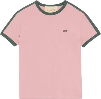 Valentino Katoenen T-shirt met ronde hals- contrasterende zijstrepen en VLogo-borduurwerk - Heren - T-shirts - Roze - M - Katoen - Tops